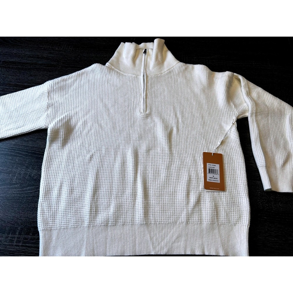 Cyrus Waffle Knit Quarter Zip Sweater Mens Medium Ivory NEW Quiet Luxury